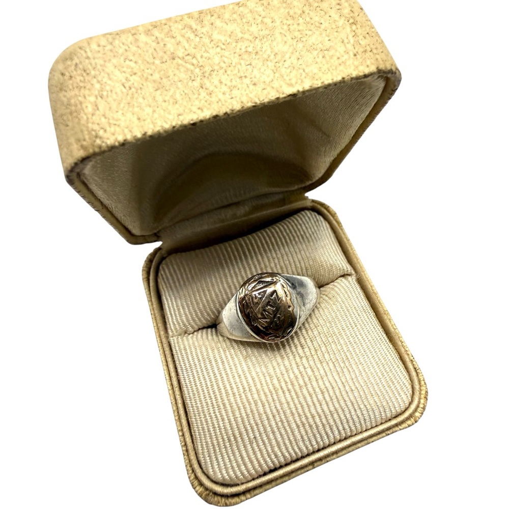 Vintage Sterling Signet Ring Gold Crest Appliqué MTZ Heraldic Size 8 Adjustable